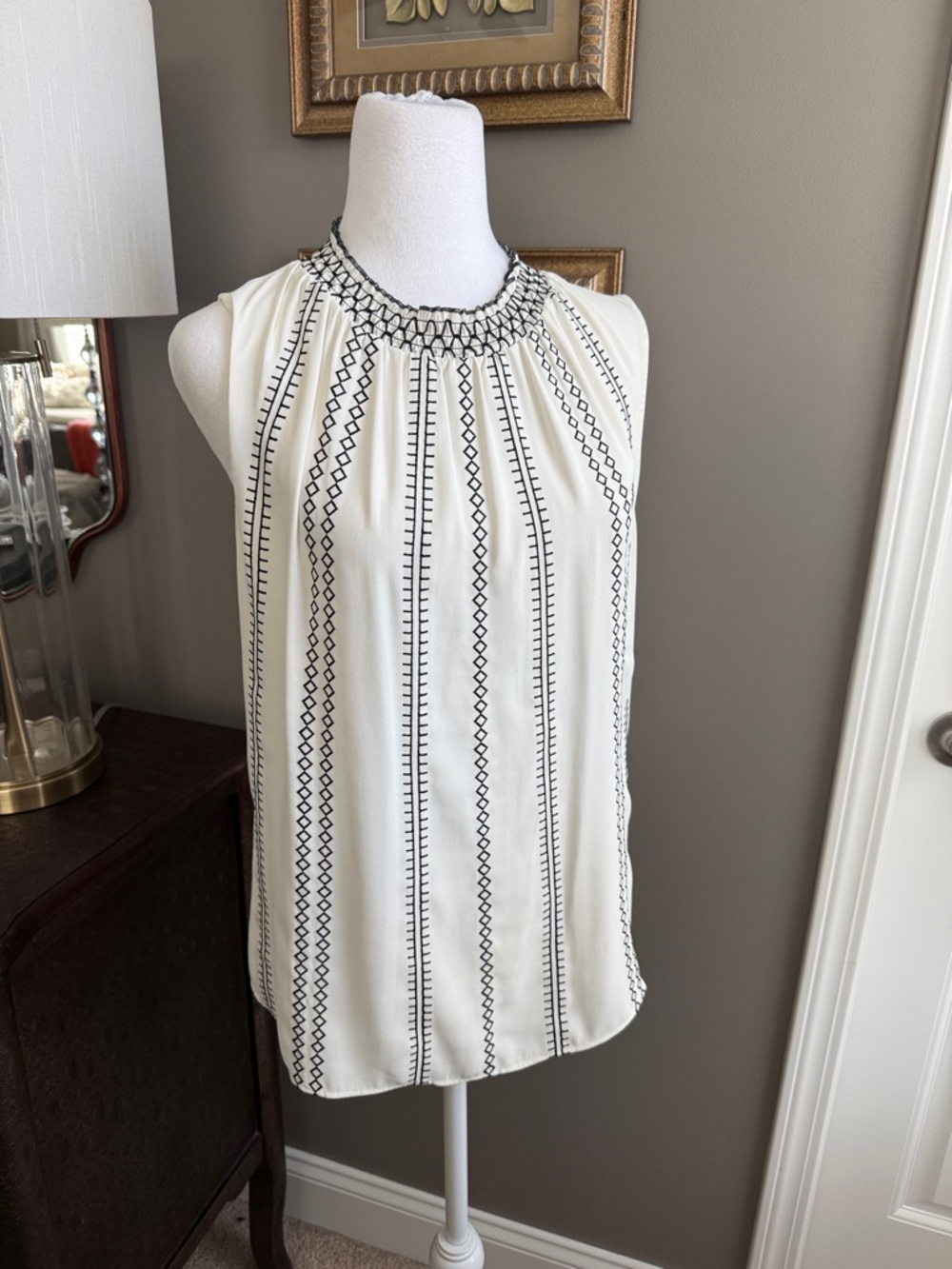 White House Black Market White Sleeveless Halter Top with Black Embroidery